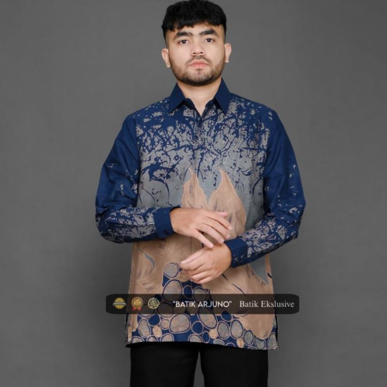 CUCI GUDANG kemeja batik pria lapis furing lengan pendek batik pria ekslusive daun navy nude
