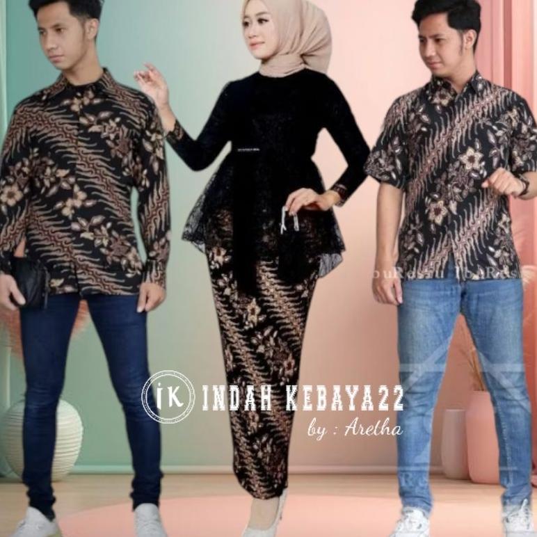 HOT Couple Kebaya Aurora Selendang Brokat Tile Modern Pasangan Kemeja Batik Pria Katun Lengan Panjan