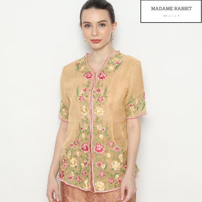 Kebaya Gold Madame Rabbit Lengan Pendek Bloomsday Organdi Baju Pesta Cantik Bordir Handmade  Kain Me