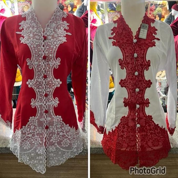 setelan kebaya encim bordir merah putih/seragam kebaya wanita/kebaya formal lengan Panjang