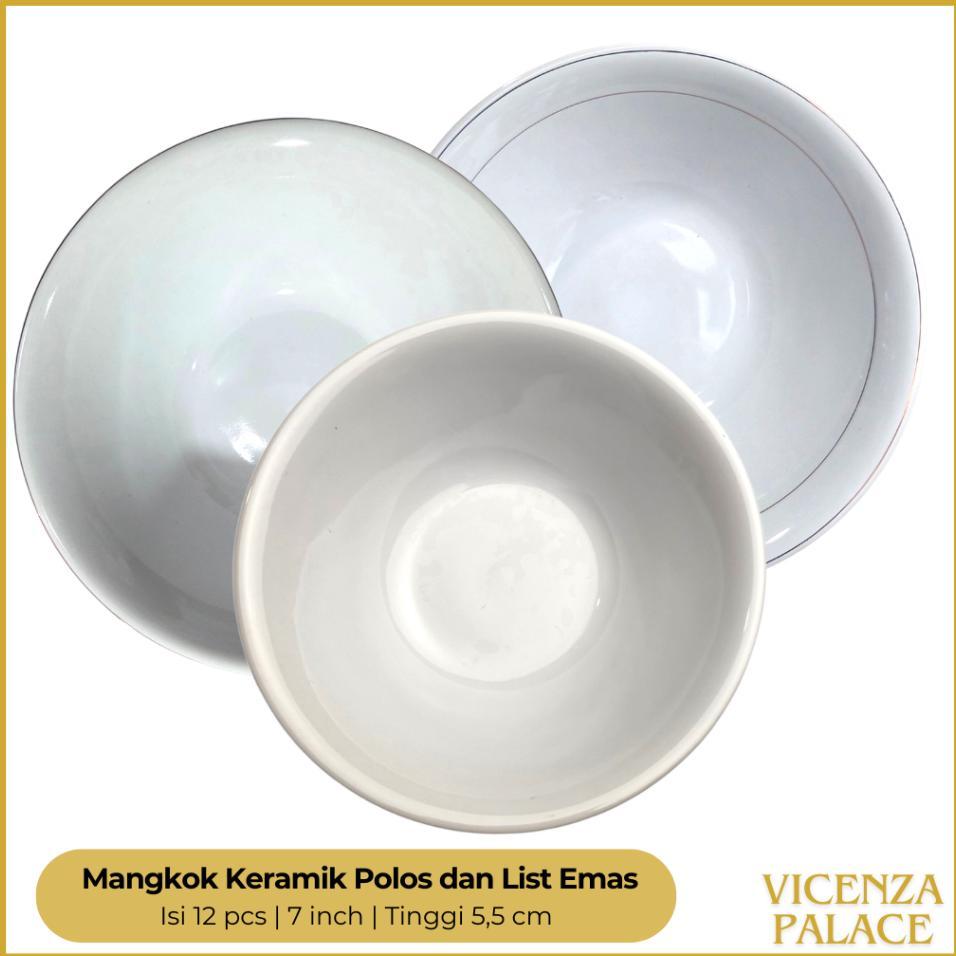 Mangkok Keramik Polos Dan List Emas Lucky Ukuran 7 Inch (1 Lusin)