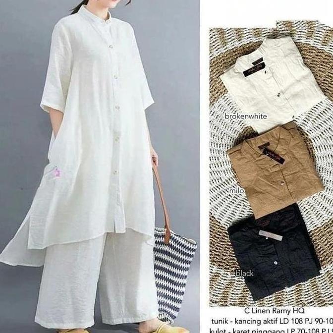 Setelan Muslim Wanita Terbaru / One Set Tunik+Kulot Bahan Katun Linen TS
