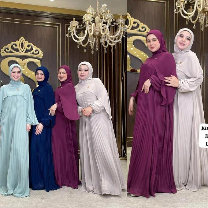 Shellasaukia dress gamis Set Hijab plisket  Dewasa Muslim Lebaran Mewah Syari Remaja Wanita Kondanga