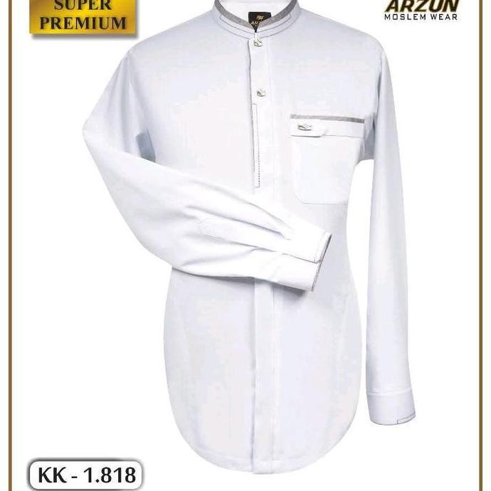 Baju Kemeja Koko Pria Moderen ARZUN, Kemaja Koko pria putih polos lengan panjang bahan katun premium