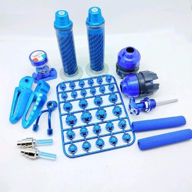 paket Honda biru hangrip karbon+ jalu stang+ Jalu as+ stempel kaca+ fostep samping+gantungan+jarum o