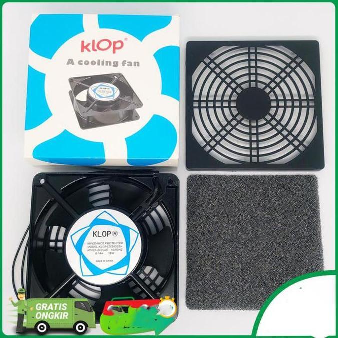 kipas angin besi 12cm + filter busa hitam AC 220v KLOP di lengkapi dengan RAM plastik fan cooling pe