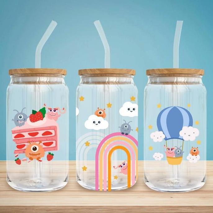 Gelas Kaca Milk Monster Dengan Tutup Kayu dan Sedotan 470ml / Gelas Kaca Lucu
