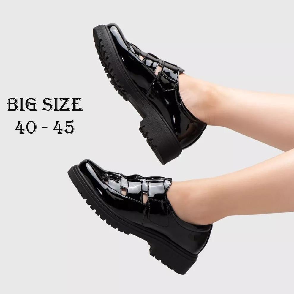 Big Size - Sepatu Docmart Wanita Oxford Black Glossy Ukuran 41.42.43.44.45 Loafer Velcro Jumbo Besar