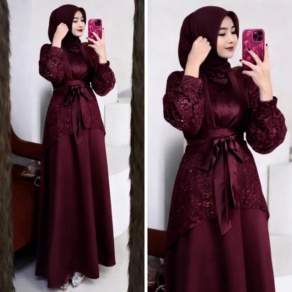 Diskon Veloxa Dress 3 In 1 Gamis Satin Brokat Coklat Tua Dress Lebaran Inner Outer Baju Kondangan Bu