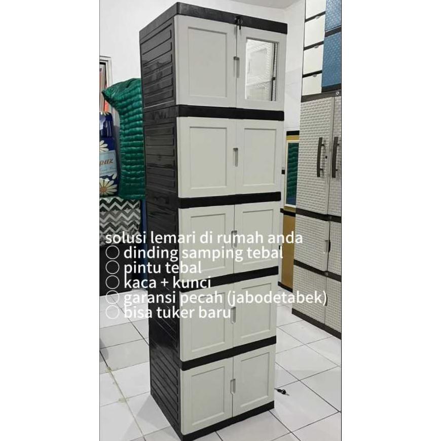 (New Model) Lemari Plastik / Lemari Pakaian Plastik Kaca Susun 5