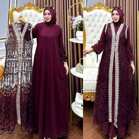 Paket Hemat Gamis Burgundy Naura Dress Gamis Bahan Ceruty Babydoll Mix Brukat Gamis Pesta Brukat Mew