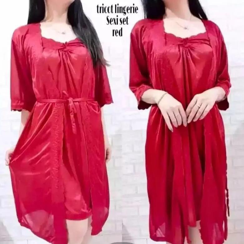 BEST SALE ERNYYUNISA_BAJU TIDUR KIMONO LINGERIE SEXI 2IN1 WARNA MERAH SIZE L & JUMBO TRICOT SATIN IM