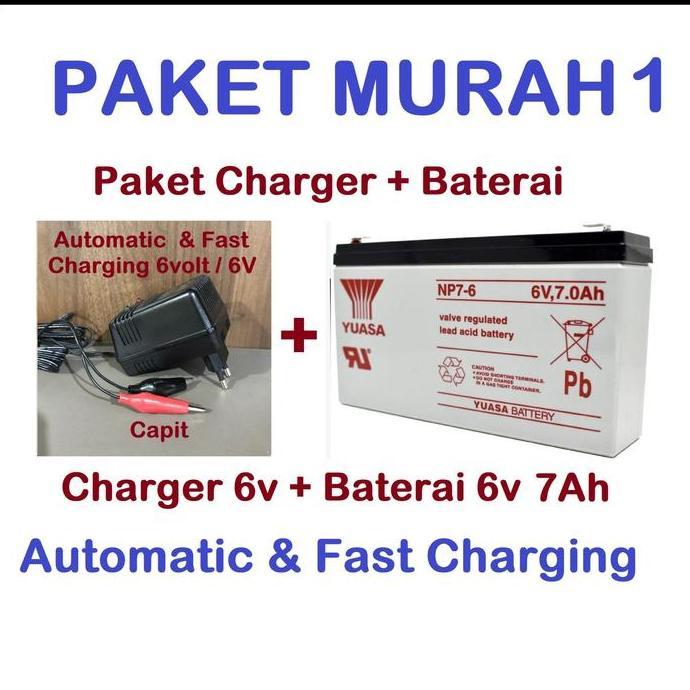 Yuasa Paket Charger Volomax 6V + Baterai 7Ah 7.0Ah 6 Volt Fast Charging Otomatis untuk Mobil Motor M