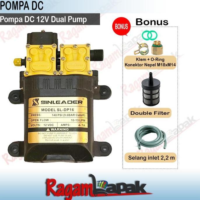 POMPA DC 12V DOUBLE PUMP MOTOR 140 PSI ORIGINAL SINLEADER  BEVEL -  DRAT TERBARU