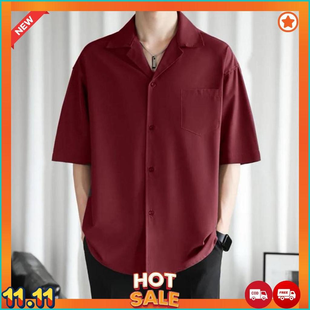 Kemeja Hawai Polos Pria Keren Outfit Cowok Pantai Kerah Piyama Katun Rayon Premium [K7]