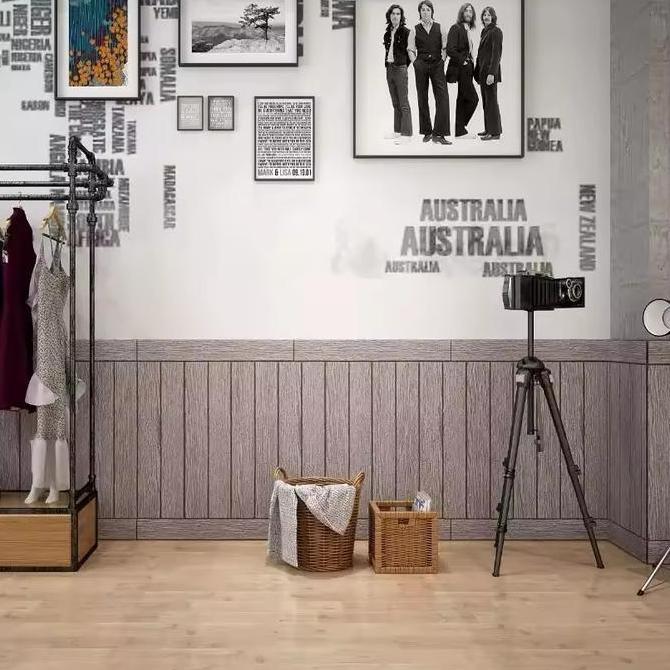 (COD) KM Wallpaper 3D Bata Foam Stiker Motif Kayu Wall Paper Sticker Foam Kayu Cream 70cm x 70cm Ket
