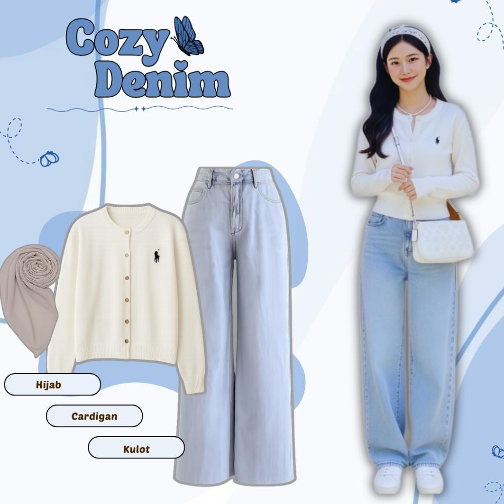 Grosir One Set 3In1 - Sweater Rajut + Celana Kulot Jeans + Jilbab Bela Square - Baju Setelan Remaja 