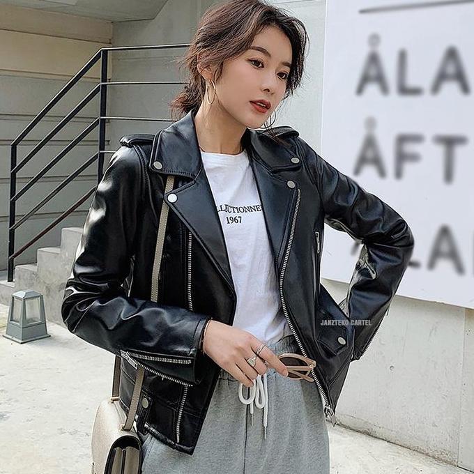 JNK x VIOLA - Jaket Wanita Kulit Sintetis Viena Leather Jacket Vintage Varsity Zipper Cewek Perempua
