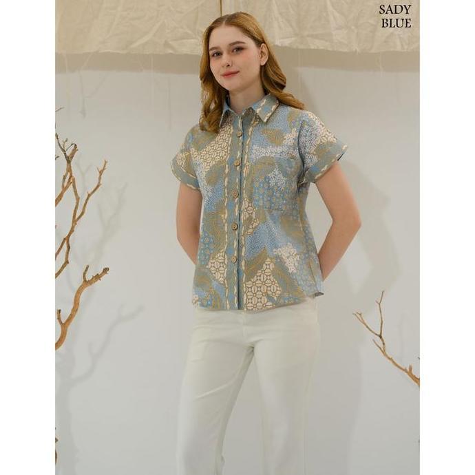 Evercloth Sady Kemeja Batik Perempuan Kerah Kancing Pastel Blouse Wanita Atasan Wanita Batik Couple 