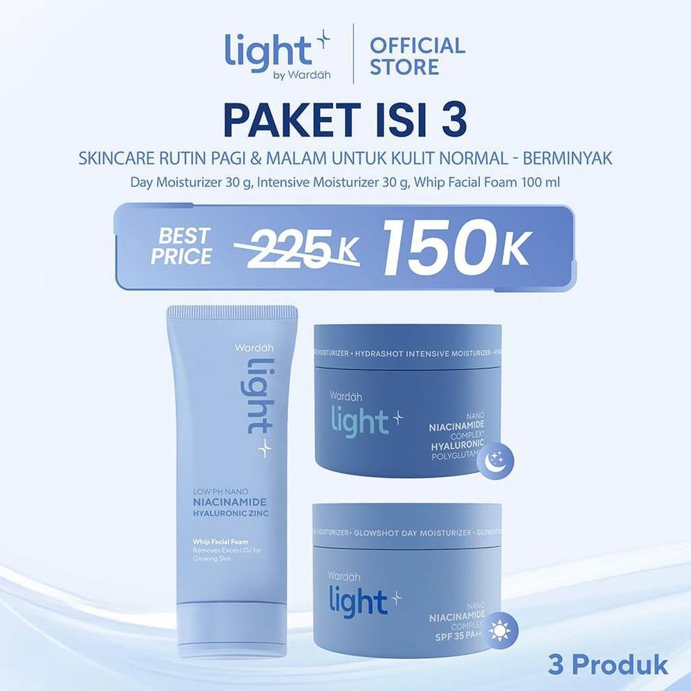 Light+ Paket 3 pcs Low pH Nano Niacinamide Whip Face Wash, Hydrashot Intensive, Glowshot Day Moistur