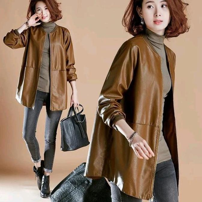 Jaket Longgar Semi kulit Wanita,Jaket Kulit Asli sintetis wanita panjang Polos Musim dingin Terbaru 