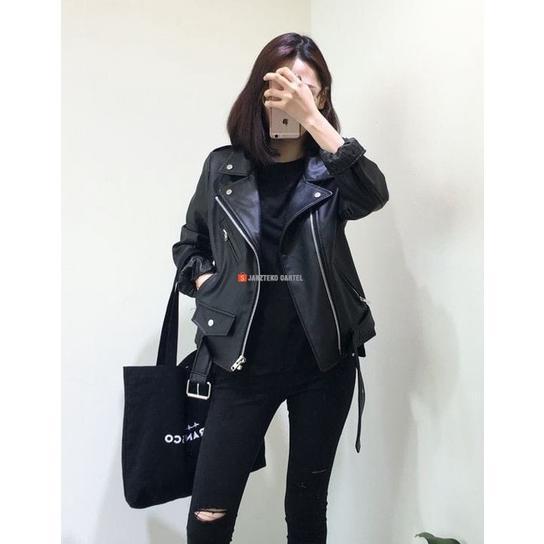 Diskon Jnk X Rms - Jaket Kulit Wanita Ramones Changcuters Korea Blazer Style Punk Women Shirt Black 
