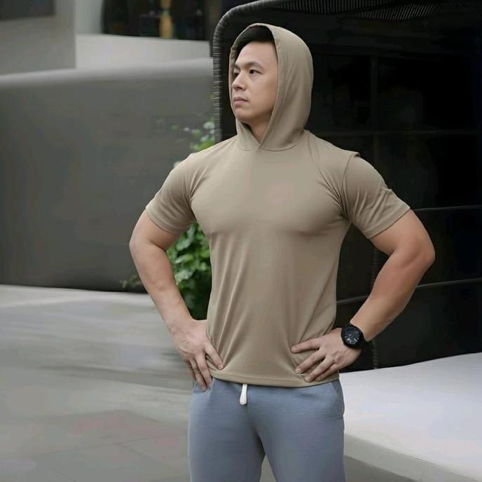 Kaos pria hoddie polos cream lengan pendek
