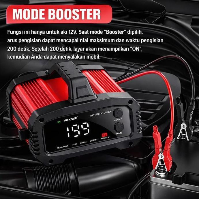 Grosir Charger Aki Foxsur Mobil Motor 12V 24V Otomatis 25A/15A Smart 8 Tahap Agm Lifepo4 Repair Boos