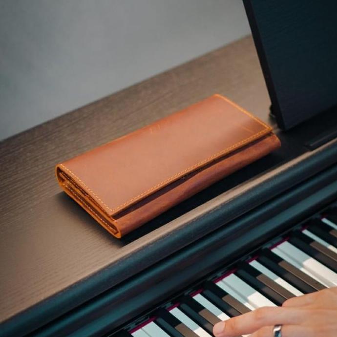 Dompet kulit asli panjang resleting muat Crazy Horse Pria wanita
