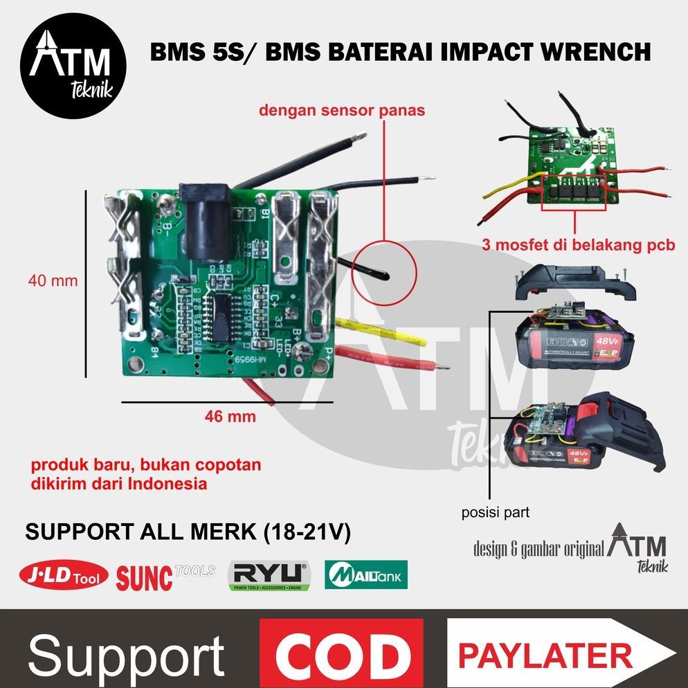 BMS baterai impact wrench 5S papan modul kontrol batrai 18V 20V 21V BMS Board controller dengan sens