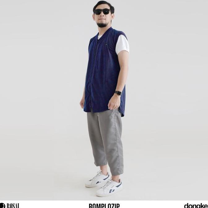 Rompi OZIP ROSAL Dongker Rompi Sholat Pria Kerah Oblong Bahan Baby Terry Hangat Nyaman Zipper M-3XL