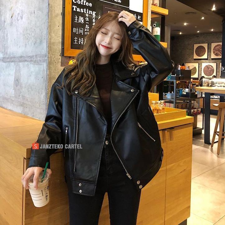 DISKON JNK X NYC - JAKET KULIT OVERSIZE LEATHER JACKET WOMEN WANITA KOREAN JUMBO OVERSIZED CROP ASLI