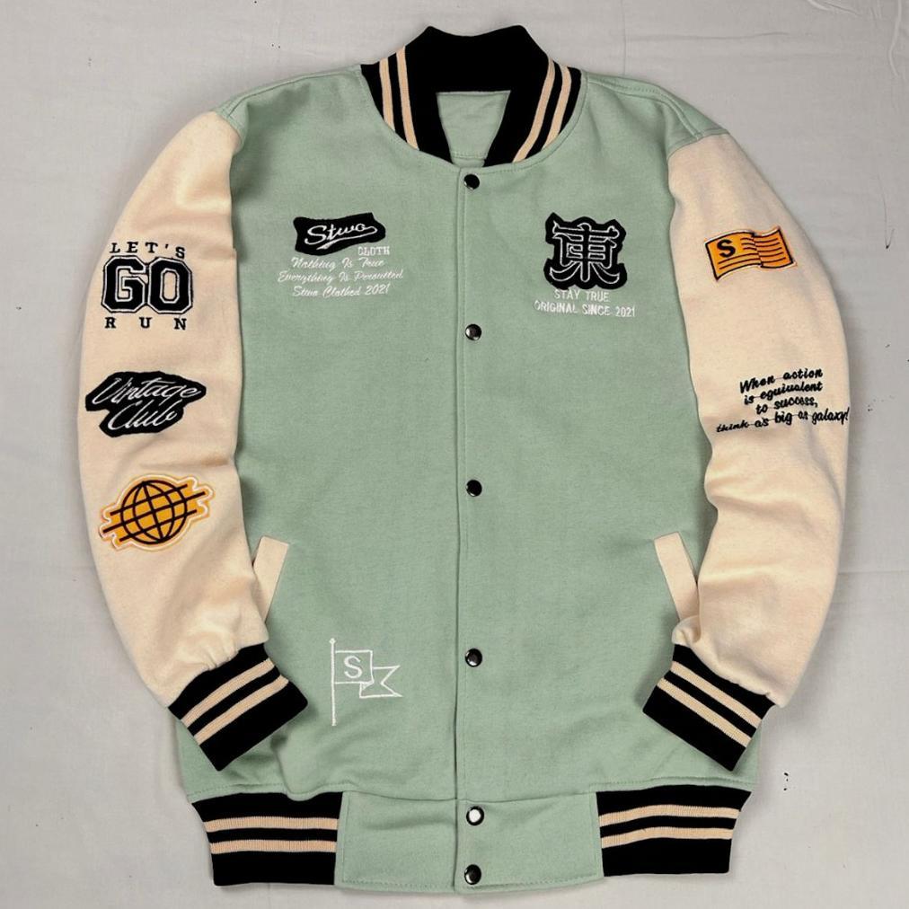 New Jaket Varsity Base Ball Full Bordir Lengan Panjang Bahan Fleece Tebal Adem