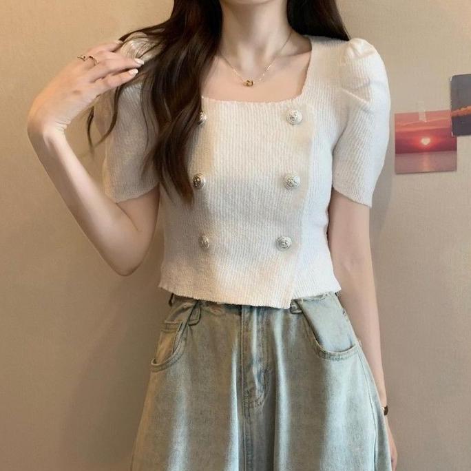 MoodStyle // BJ1522 Baju Atasan Kaos Crop Top Lengan Pendek Balon Fashion Korean Motif Atasan Knit T