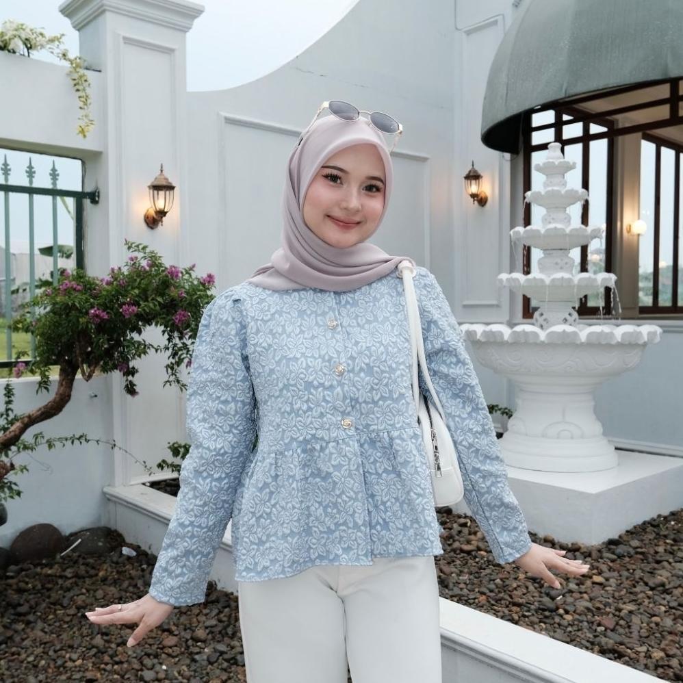 HEMAT MODEST - KIANA BLOUSE FLOWER BLOUSE JACQUARD ATASAN PEPLUM LENGAN PANJANG BAJU BLOUSE LEBARAN 