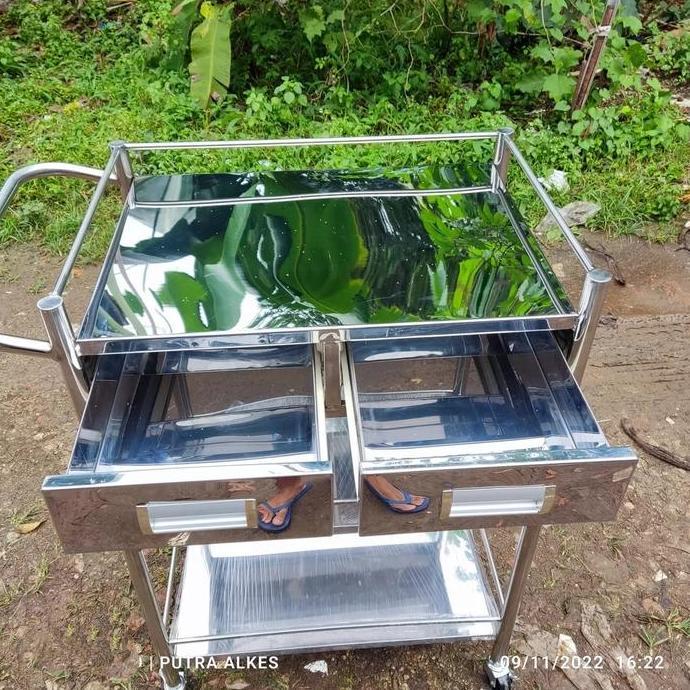 troli instrumen 3 susun 2 laci stainless / meja instrumen stainless / Trolley instrumen / Trolley st