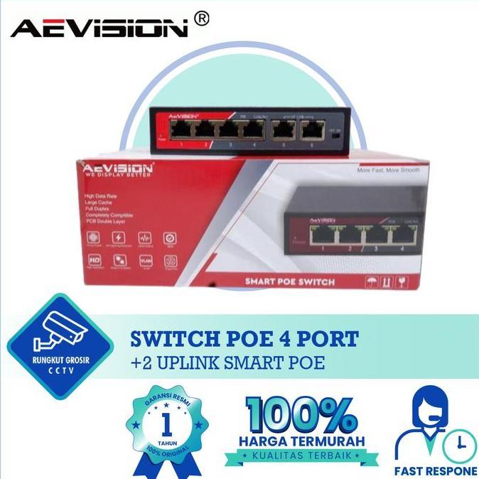 TERBARU - SWITCH POE 4 PORT +2 UPLINK AEVISION  POE 4+2 UPLINK 10/100 SMART POE