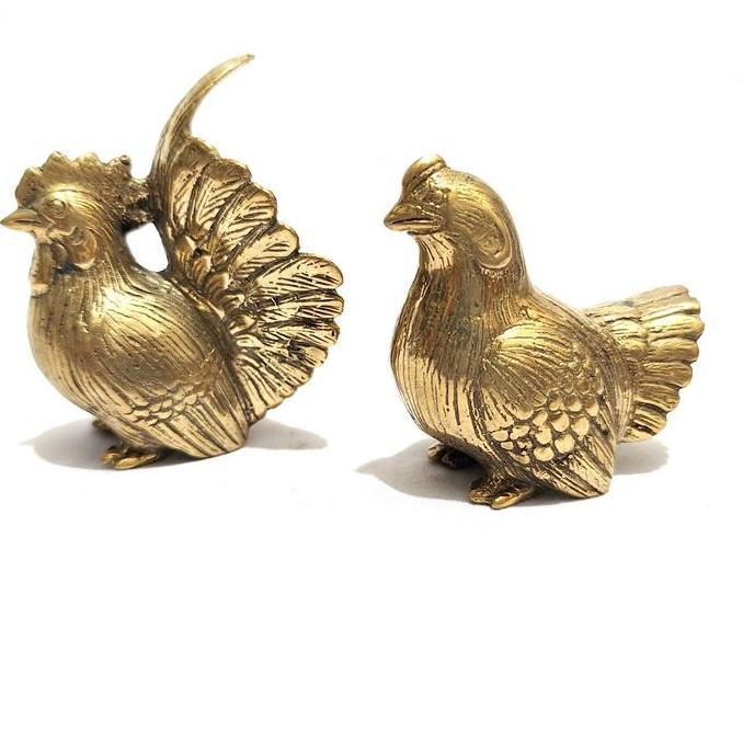 HARGA DISC - rooster brass vintage mini set| patung sepasang ayam gold kuningan