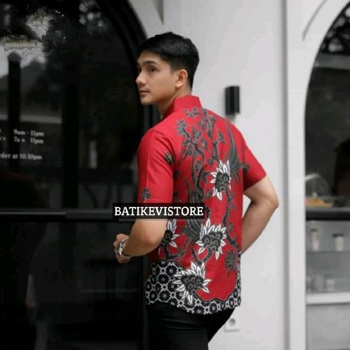PREMIUM BATIKEVISTORE MATAHARI MERAH Kemeja Batik Pria Slimfit Lengan Pendek Lapis Furing Baju Katun