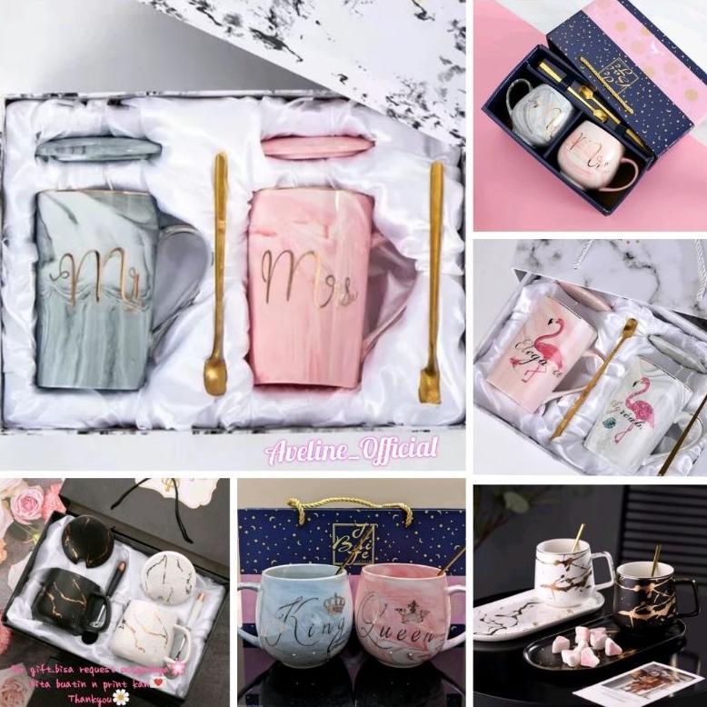 Aveline Hampers Gelas Marble Glass Couple / Canada Marble Mug Gift Box / Gelas Marble Tutup / Hamper