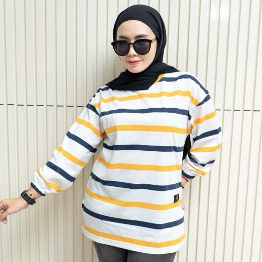 big sale fst  kaos oversize wanita garis katun premium lengan 7/8 jumbo t-shirt oversize stripe bela