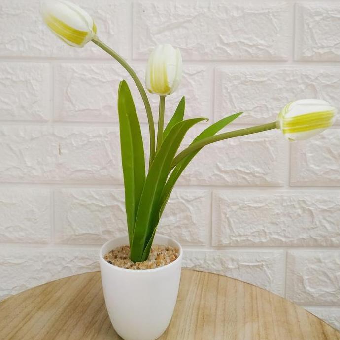 Rangkaian Pot Tulip Artificial Silk Import- White TERLARIS|BEST QUALITY|BEST SELLER