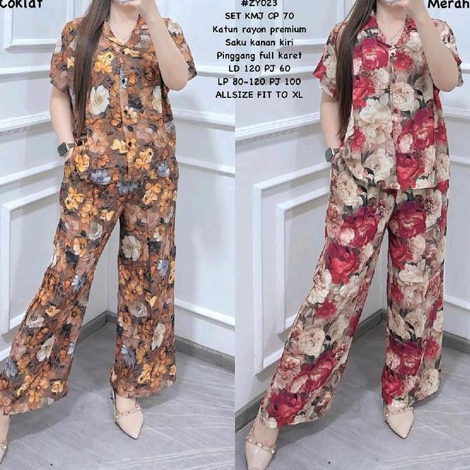 SETELAN KEMEJA WANITA CP LENGAN PENDEK BANYAK MOTIF RAYON #ZY023 Katun HM