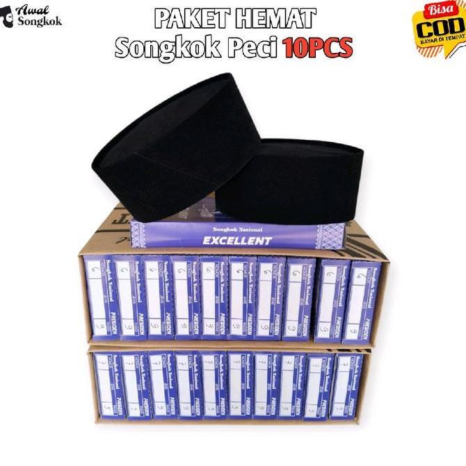 renda.amir - paket 10pcs songkok peci nasional hitam polos anak-dewasa muslim kopiah putih katun haj