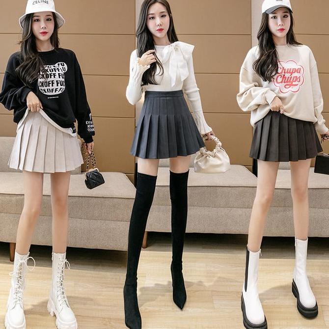 Keep- Onefashionmall Cw009 Women Mini Skirt Rok Tennis Rok Celana Pendek Polos Model Lipat Pleated P