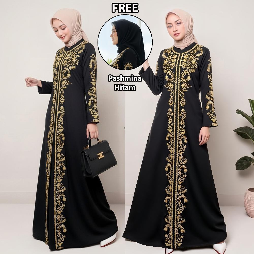 ORIGINAL BAJU GAMIS ABAYA TURKEY 213 BORDIR GOLD HITAM DUBAI TURKI ARAB SIZE S M L XL LD 100 105 110