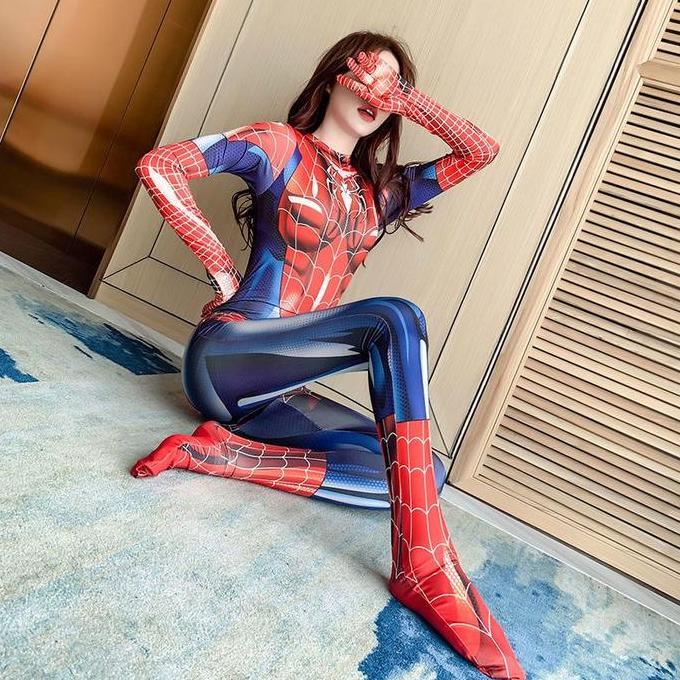 Halloween Dewasa Wanita Superhero Spiderman Kostum Set Jumpsuit Lingerie Cosplay [terbaik]
