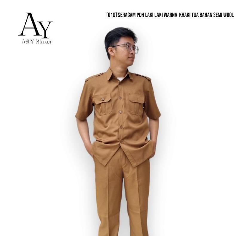 New [010] Seragam Pns Pemda Pria Pdh Terbaru Lengan Pendek Warna Khaki Tua Bahan Semi Wool Adem | Se