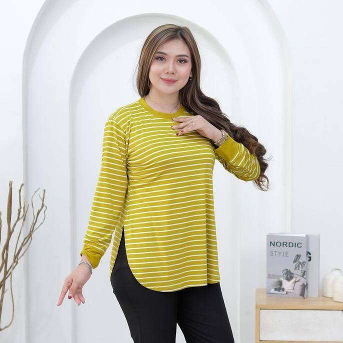PALING LARIS PP Fashion Kaos Stripe Wanita Oval Lengan Panjang Motif Salur Kaos Wanita Lengan Rib Ov