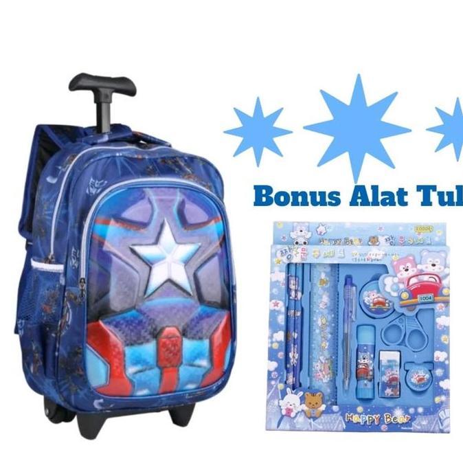 Tas Ransel Troli Anak Laki Laki Karakter Marvel 3D Bisa Menyala Tas Dorong Koper Anak Laki Laki Seko